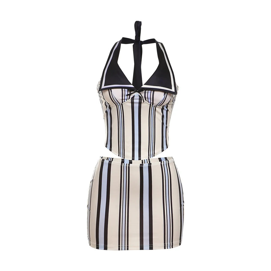 Stripe Print Women 2 Piece Set Summer Backless Low-Neck Halter Tank Tops + Skirts Fashion Vacation Streetwear Outfits