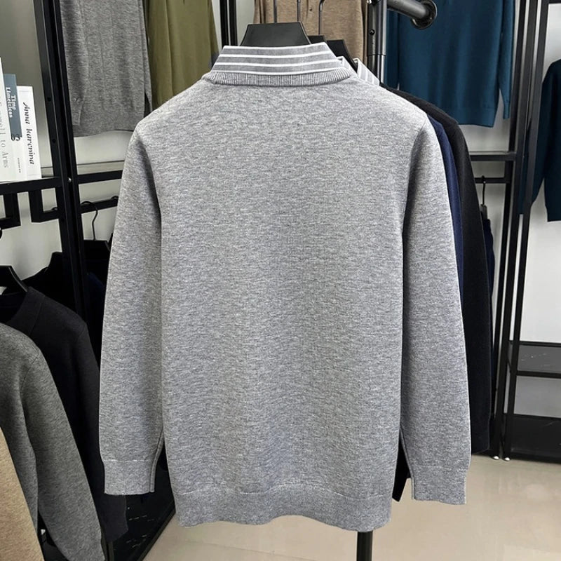 Men's Knitted Sweater With Shirt Collar - Vintage Style Fake Layered Business Casual, Pullover Old Money Style Top