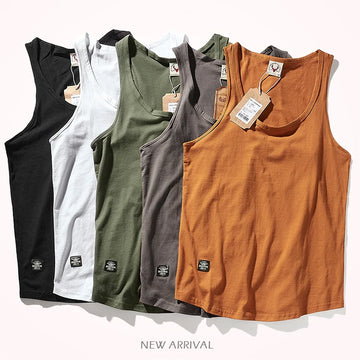 2023 Summer New American Retro Sleeveless O-neck Solid T-shirt Men's Fashion 100% Cotton Washed Old Casual Sports Vest Tops