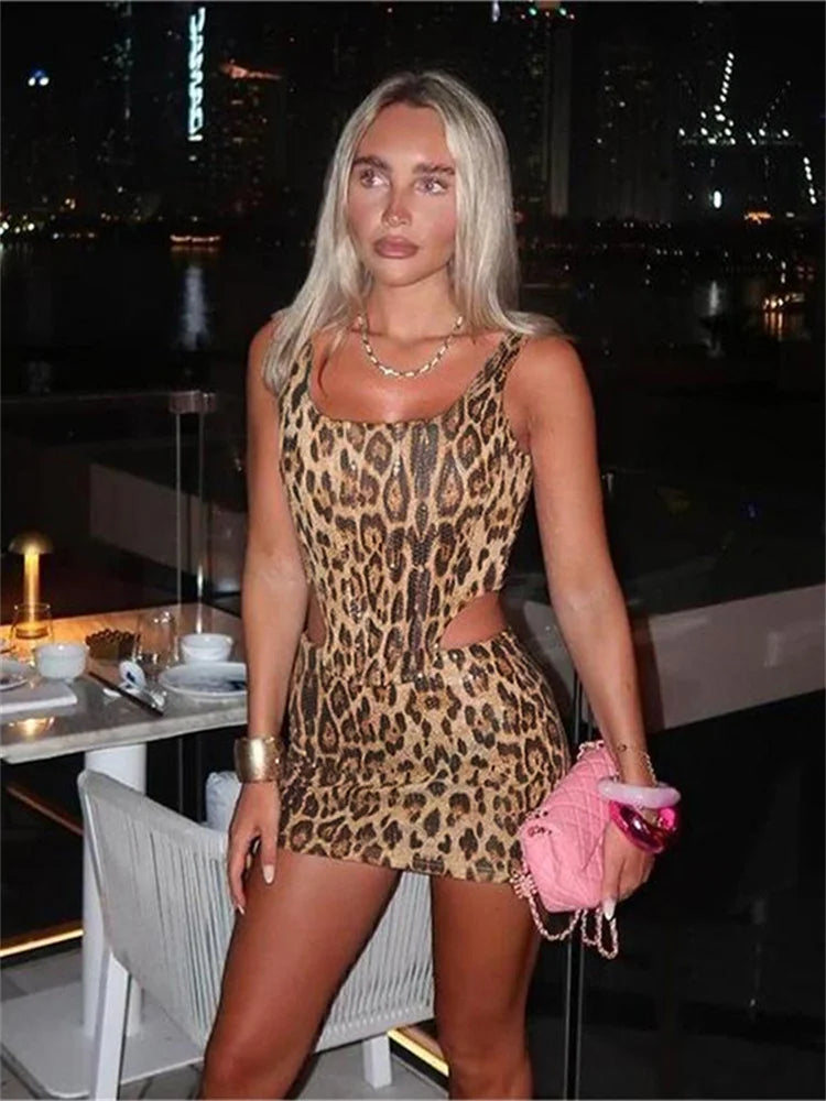 Leopard Sequin 2 Piece Set Women 2025 Summer Trend Backless Crop Top + Skinny Mini Skirt Matching Street Sexy Wild Suit For Women