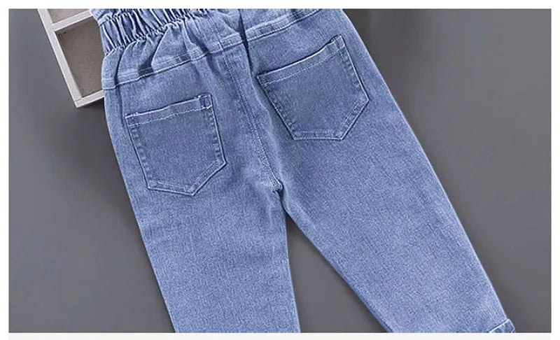 New Spring Kids Jeans Girls Boys Cute Embroidery Cherry Flower Denim Blue Pants Children Outwear Trousers 4-6Y Unisex