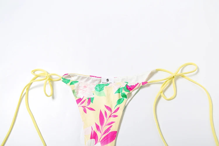 Lotus Print 2 Piece Set Women Halter Low-Neck Backless Tank Tops + Shirring Thong Vacation Fashion Beach Style Swimsuit