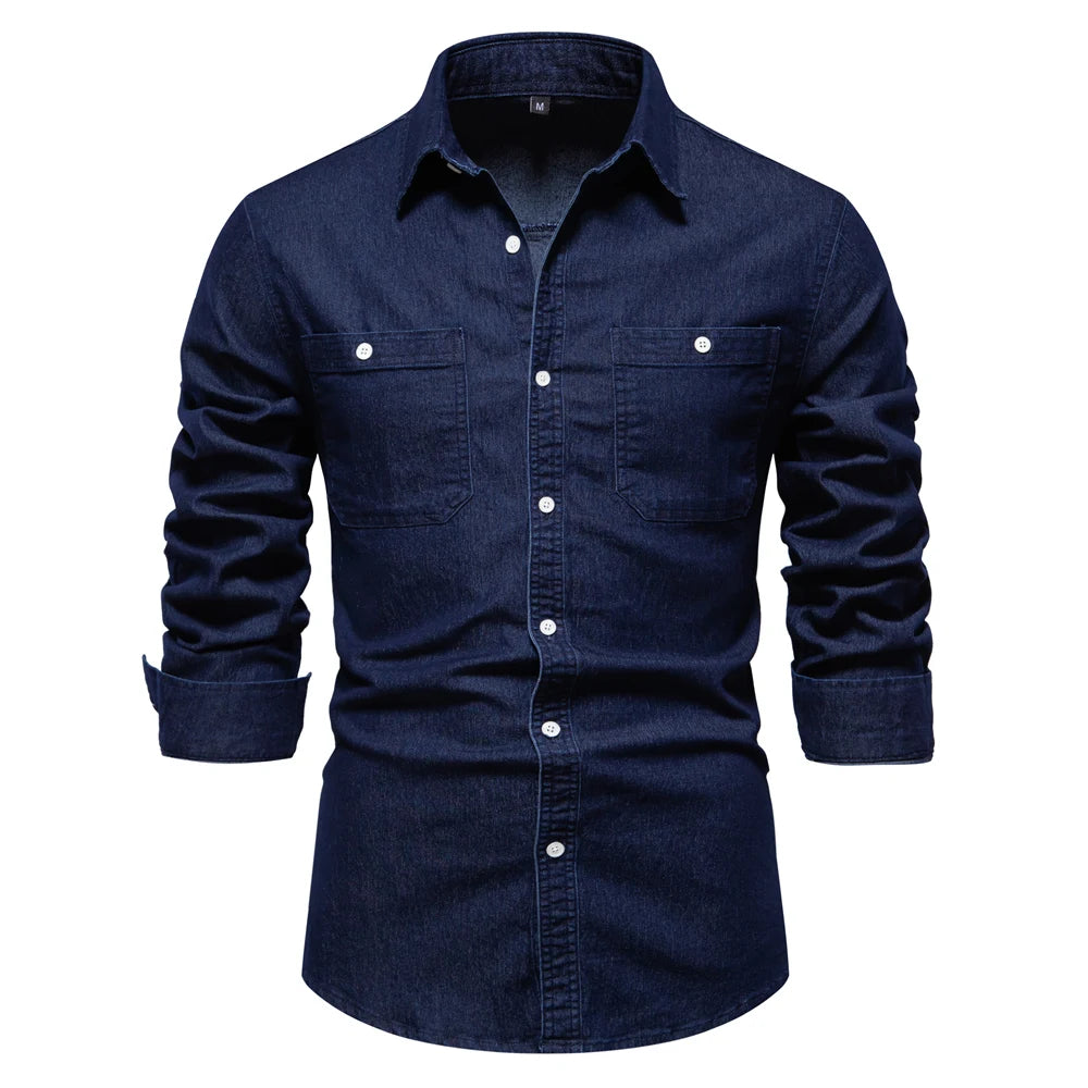 Men's Autumn Cotton Denim Shirt Solid Colour Single Pocket Casual Long Sleeve Jeans Shirt for Men