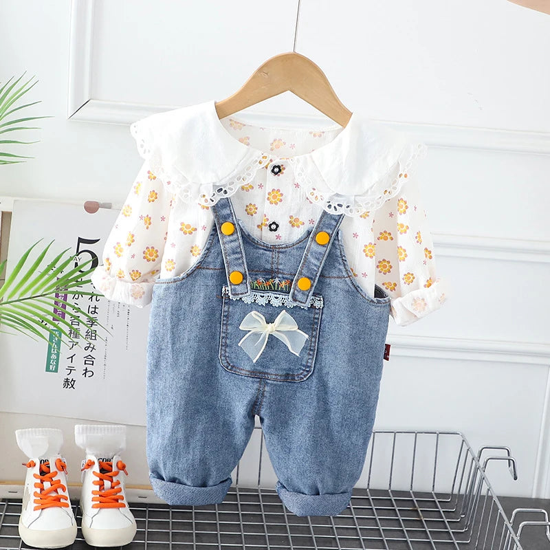 New Spring Kids Clothes Set Girls Cute Flower Blouse + Denim Overalls Children 2PCS Outwear 12-36m 4-6Y Girls