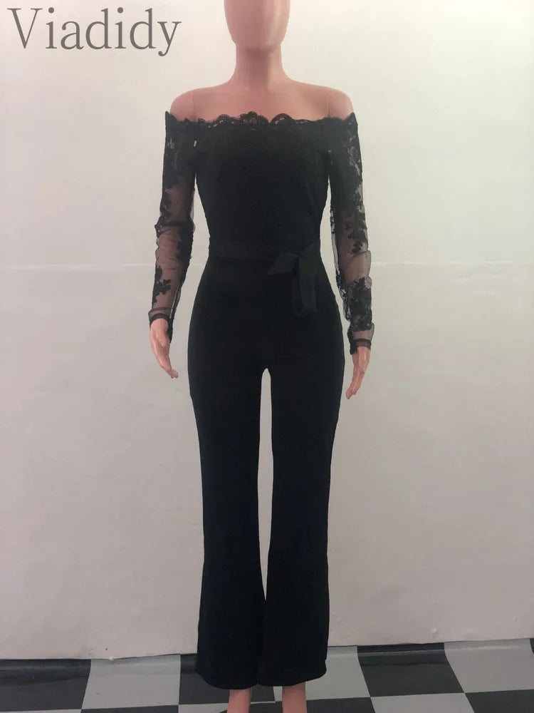 Off Shoulder Mesh Embroidery Long Sleeve Flare Jumpsuit With Belt