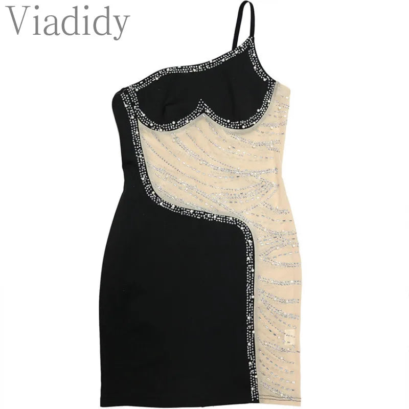 One Shoulder Mesh Rhinestone Inlaid Sleevless Backless Zipper Slim Night Club Dress