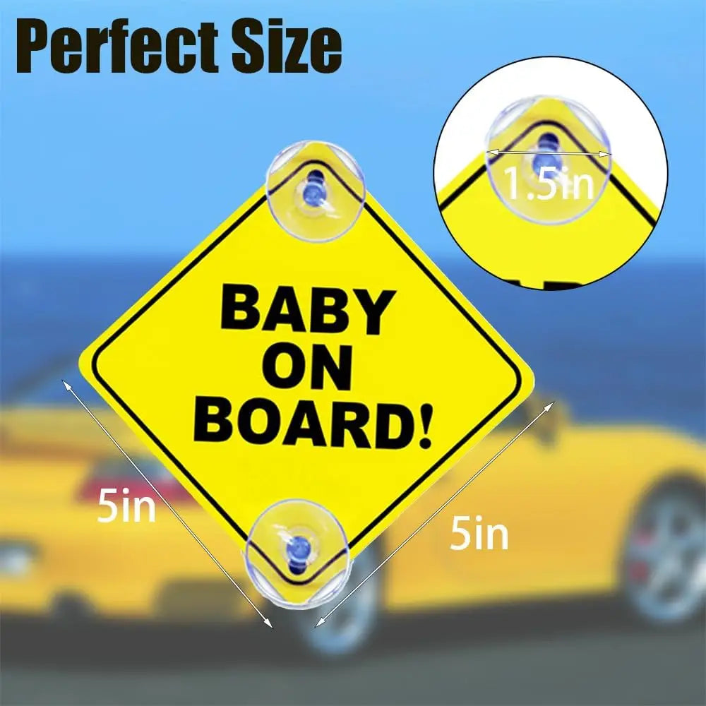 2PCS Baby On Board Signs with Suction Cups, 5"x5" Reusable Baby Safety Warning Decal For Car Windows