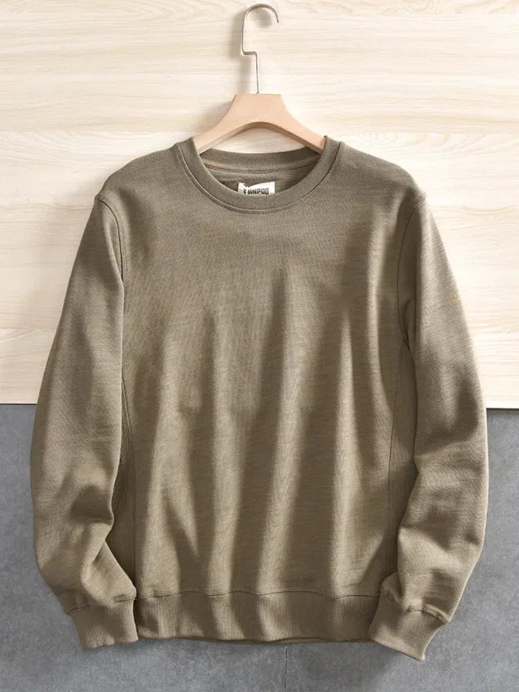 Spring New American Retro Long Sleeve O-neck Solid Color Sweatshirts Men's Simple 100% Cotton Washed Pullover Casual Sportwear
