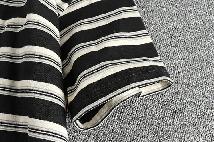 2024 Summer New American Retro 240g Short Sleeve O-neck Striped T-shirt Men's Simple 100% Cotton Washed Heavyweight Casual Tops
