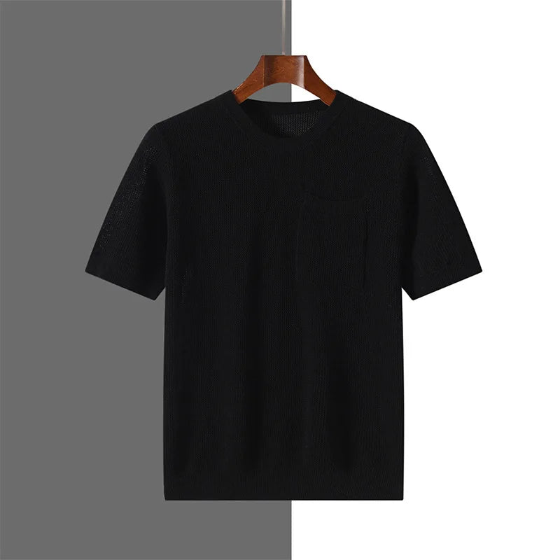 Men's 100% Cotton Pocket T-Shirt With Hollow-Out and Hollow O-neck Design, Breathable, Sweat-Wicking Daily Undershirt