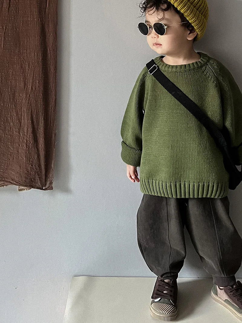 Pure Cotton Solid Kids Sweaters Vintage Boys Pullover Knitwear Toddler Girls Sweater Shirt Outwear For Children 1-6Y Unisex