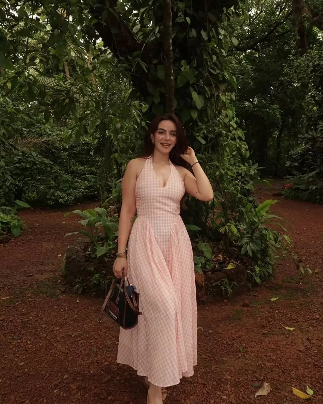 Summer Women Sexy Backless Pink Plaid Halter Dress Low Waist Elegant Party Dresses Holiday Robe