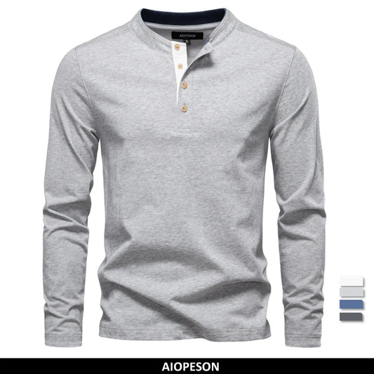 Men's Long Sleeve Fashion High Quality Cotton T-Shirt With Button Collar Basic Male T-Shirt