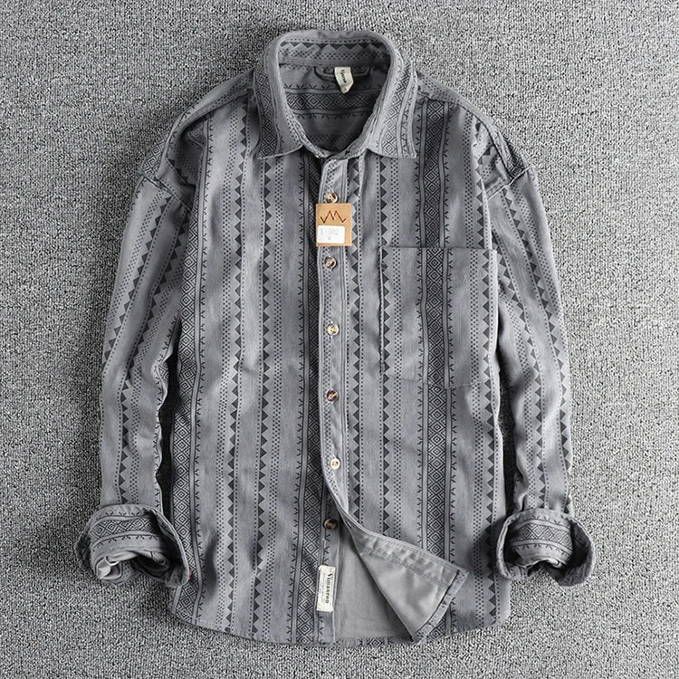 Spring New American Retro Long Sleeve Lapel Navajo Totem Printed Shirt Men's Fashion 100% Cotton Washed Casual Blouses Thin Coat
