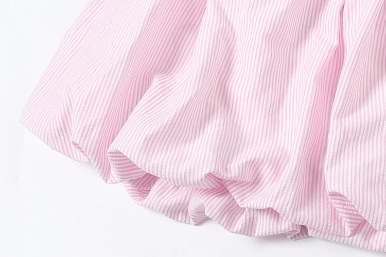 Sweet Fit Striped Print 2Piece Set Women Patchwork Button Hollow Backless Button Tops + Lace-Up Puffy Skirt Matching Suit