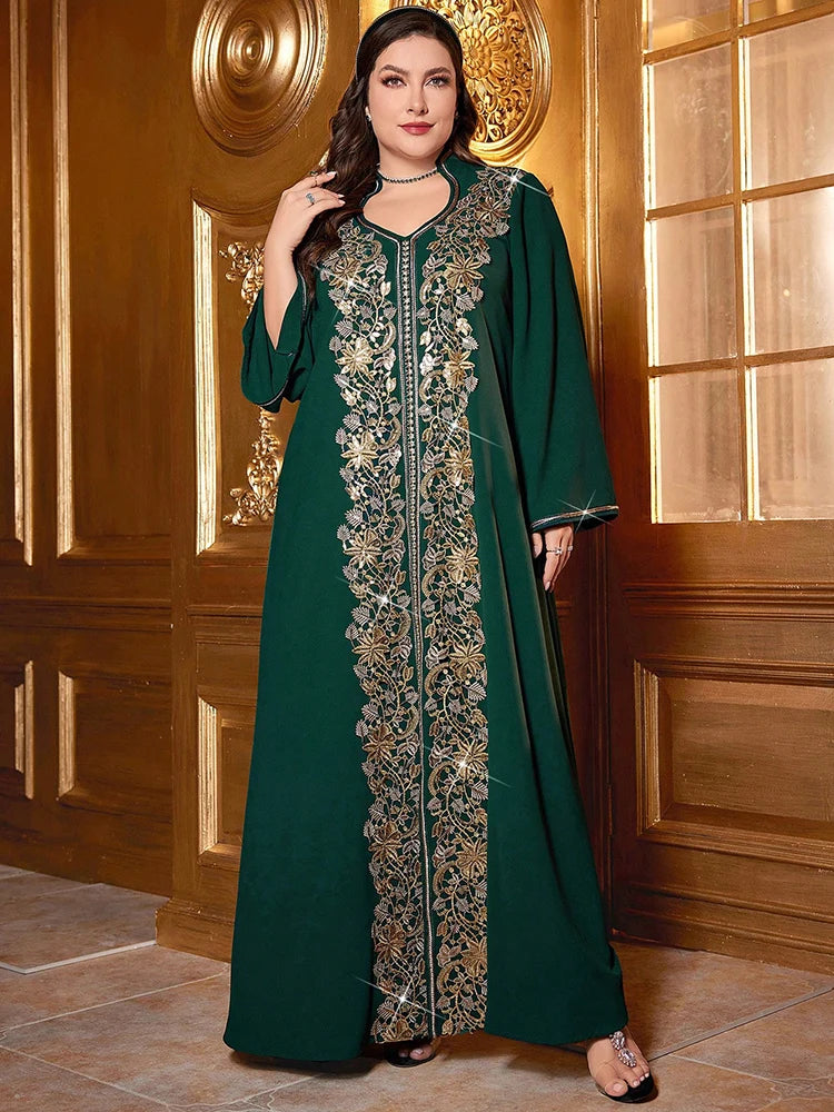 Women's Plus Size Sequin Embroidered Woven Belt Split Hem Dresses Luxury Elegant Arabian Formal Party Evening Dresses