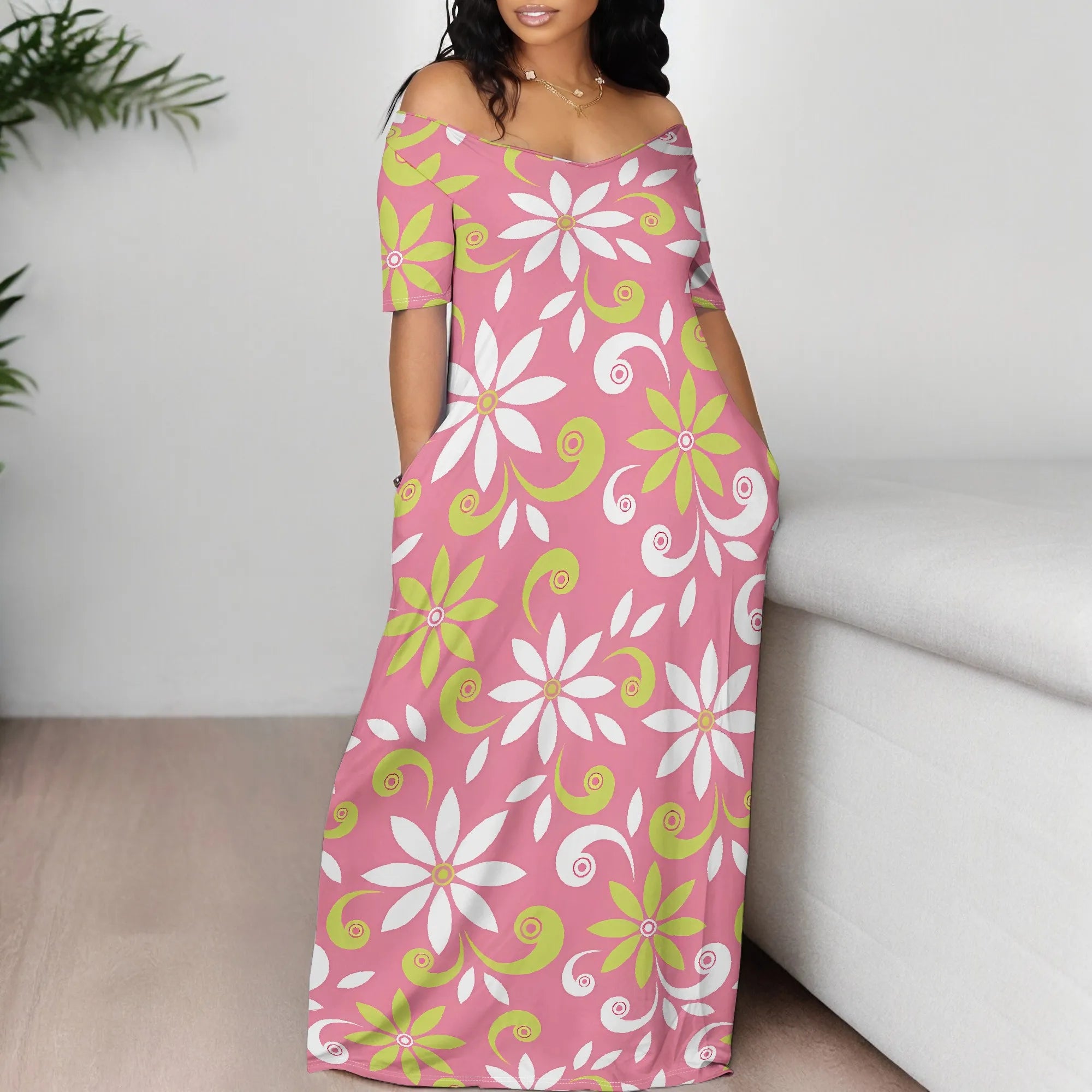 Summer Off Shoulder Maxi Dress Pink White Daisy Print Casual Beachwear