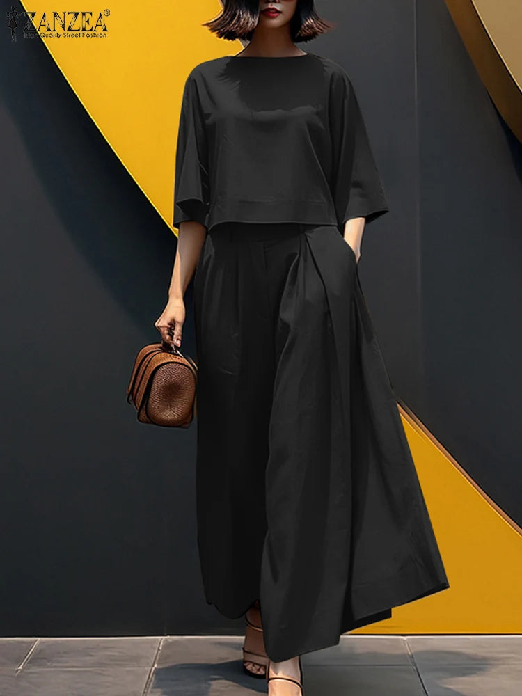 Women Causal 2PCS Pant Sets Loose 3/4 Sleeve Tops Wide Leg Pants 2-Pieces Outfits Solid Colour Fashion Commute Tracksuits