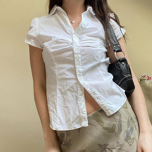 Women's Vintage Folds Coquette Harajuku Crop Tops Button Short Sleeve Blouse Bandage Korean Fashion Shirts Casual Streetwear For Ladies