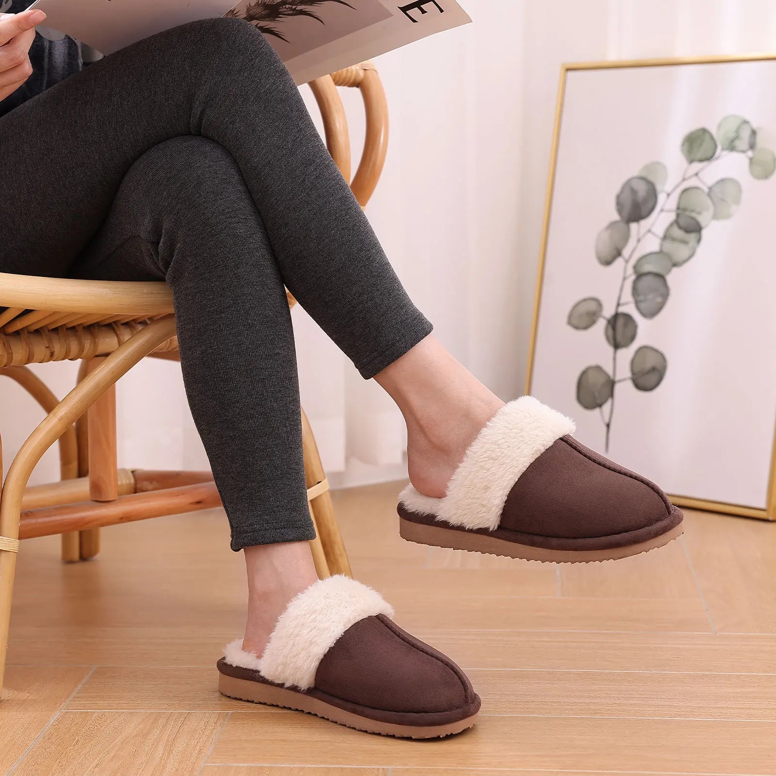 Unisex Fuzzy House Winter Slippers Fashion Fur Collar Suede With Fluffy Memory Foam Indoor Slides Plush Cotton Shoes For Men & Women