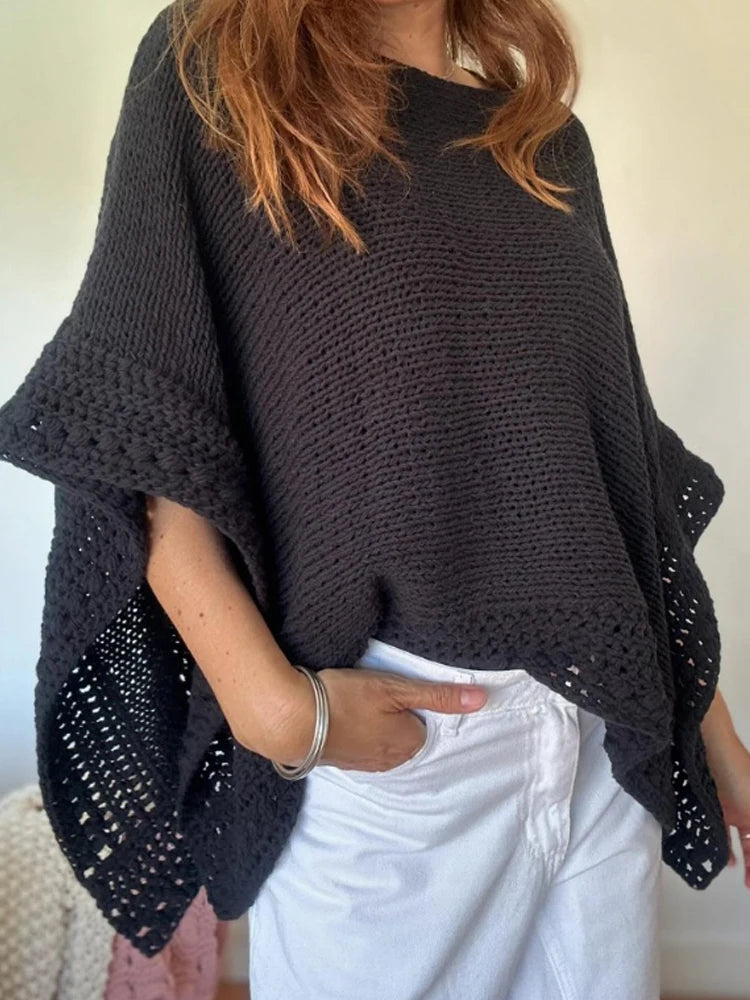 Solid Batwing Sleeve Hollow-out Top Pullovers Casual Cover Up