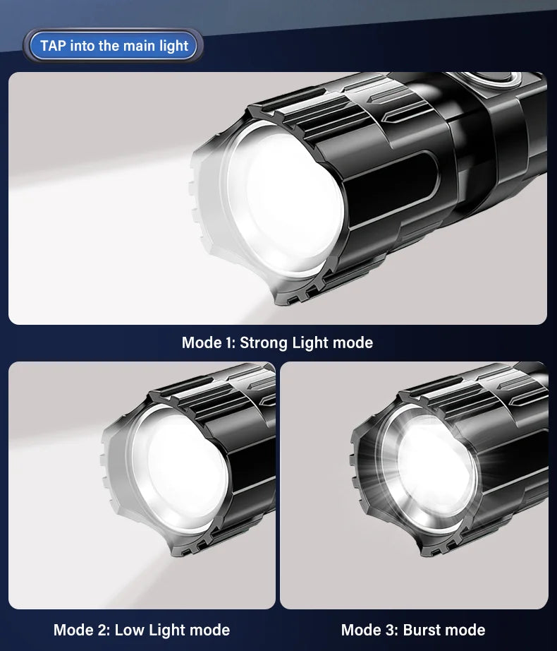 Super Bright Zoom Flash Flashlight,3 Lighting Modes,Rechargeable Portable LED Torch,Ideal for Outdoor,Camping,Fishing,Emergency