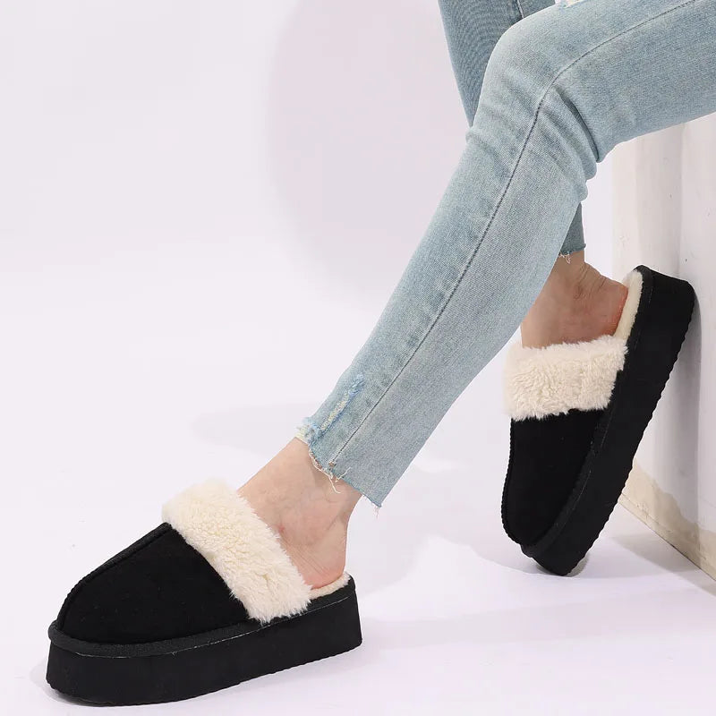 Women's Fluffy Plush Winter Shoes With Thick Sole Fuzzy Slides Suitable For Indoor and Outdoor Use With Anti-Slip Platform Fur Slippers