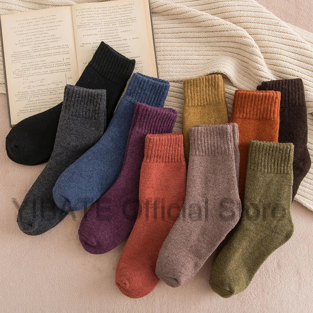 5 Pairs Winter Women's Thick Warm Solid Colour Wool Harajuku Retro Cold Resistant Fashion Casual Cashmere Socks
