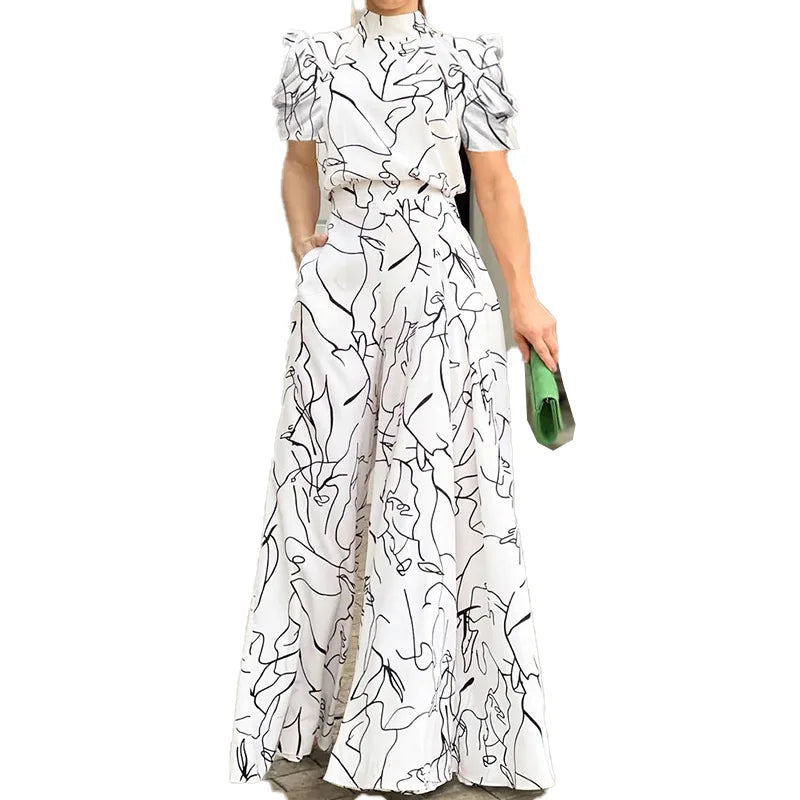 Women Jumpsuit Loose Fashion Elegant Long Pants Short Sleeve Halterneck Art Print Sets High Streetwear
