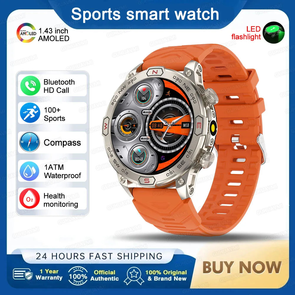 Outdoor Military Smart Watch Men Compass GPS Track Bluetooth Call IP68 Waterproof AMOLED Screen Smartwatch Compatible with Android IOS