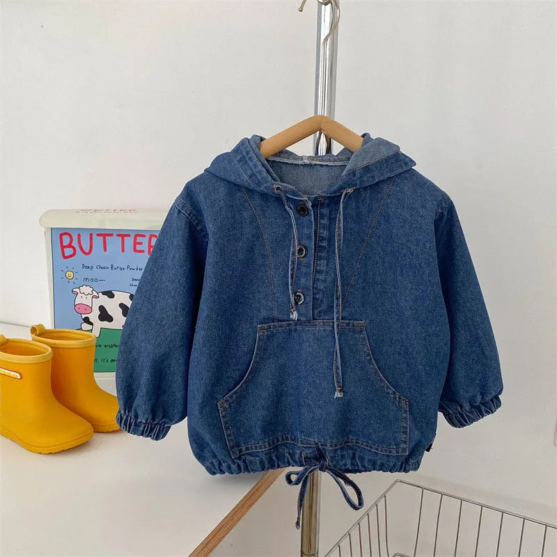 2025 Nieuwe lente kinderjas denim blauwe jas voor kinderen jongens meisjes casual stijl hoodie outfit 7-12 jaar unisex