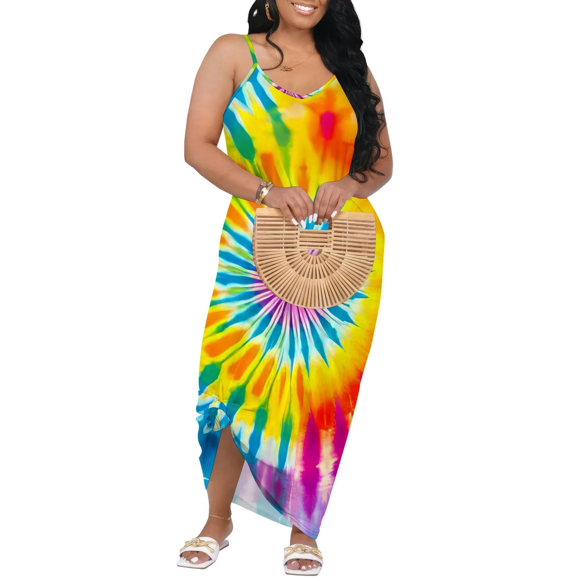 Colorful Tie Dye Maxi Dress for Women Summer Spaghetti Strap Sleeveless Vacation Dress