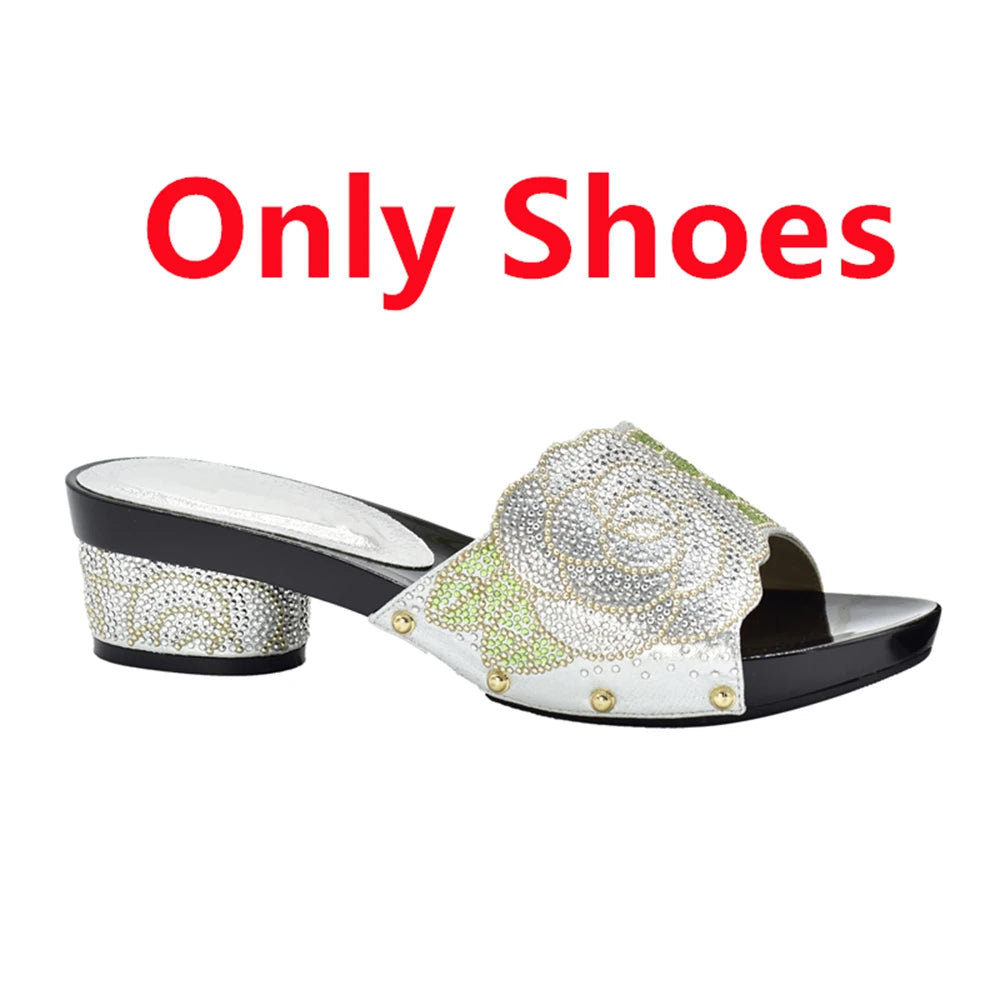 Women's Italian Shoes with Matching Bags Set Decorated with Rhinestone Open Toe Ladies' Slippers Shoes