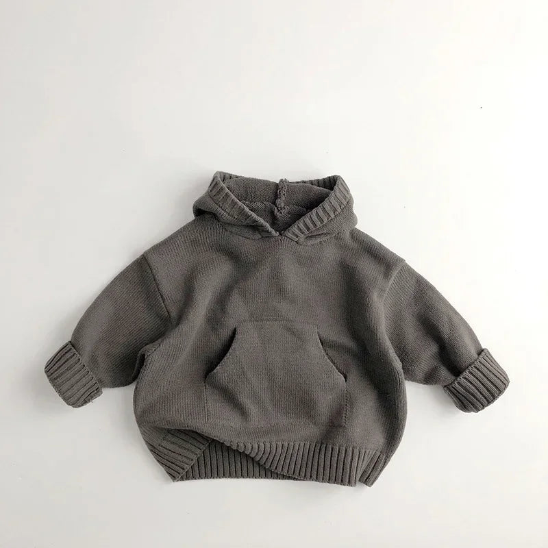 Front Pocket Fine Knit Children Boys Girl Sweaters Hoodie Knit Pullover Loose Style Girl Hooded Toddler Knitwear Coat 1-6Y Unisex