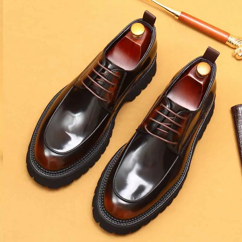Designer Men's Leather Shoes With Thick Soles Round Toe Glossy Leather Business Dress and Waxed Cowhide Lace-Up British Shoes