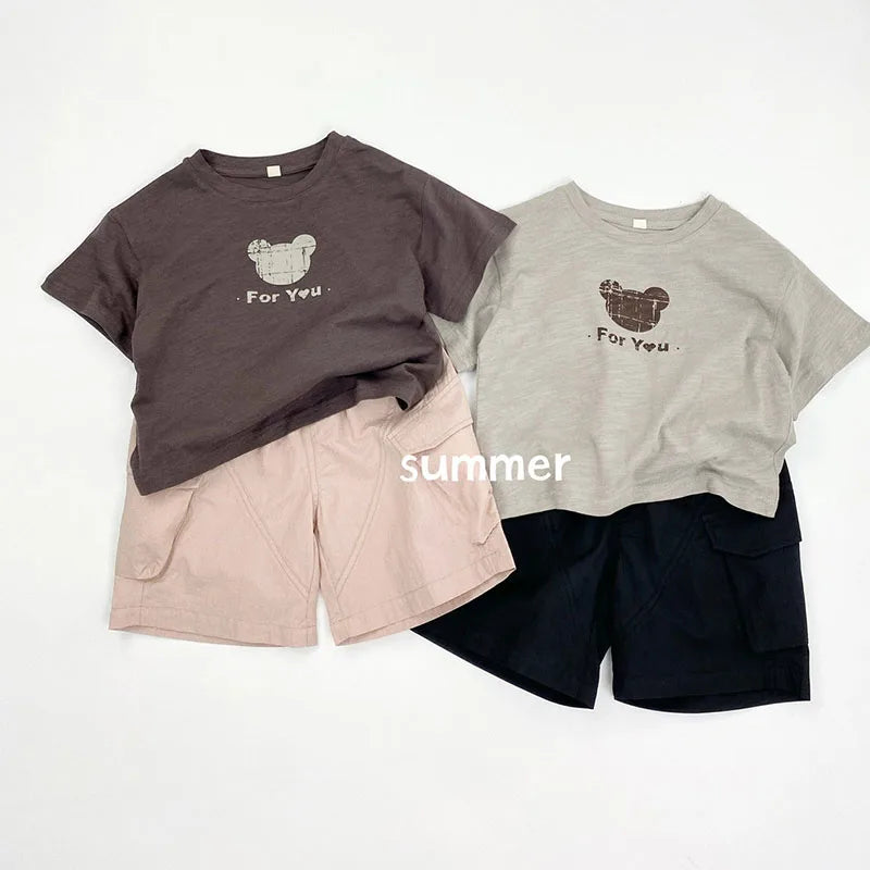 Zomer kinderoveralls schattige effen kleur zak jongens vijfkwart broek kinderen elastische taille meisjes werkkleding kort 1-6T unisex