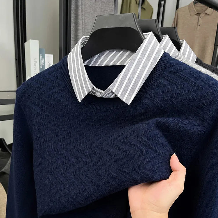 Men's Knitted Sweater With Shirt Collar - Vintage Style Fake Layered Business Casual, Pullover Old Money Style Top