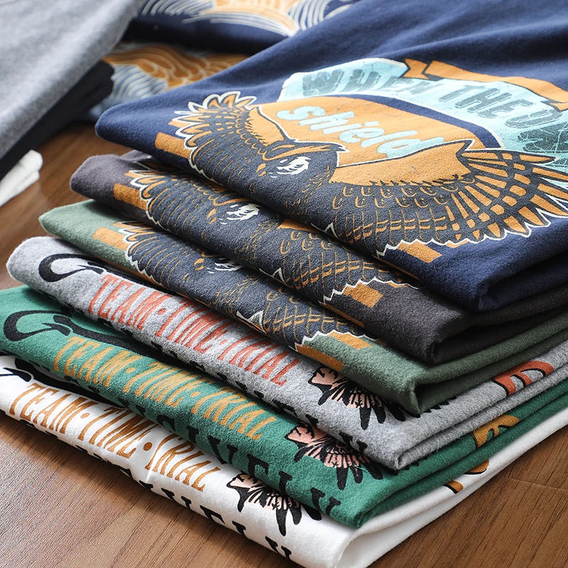 2025 Summer New American Retro 250g Short Sleeve O-neck Printed T-shirt Men's Fashion 100% Cotton Washed Casual Loose Tops