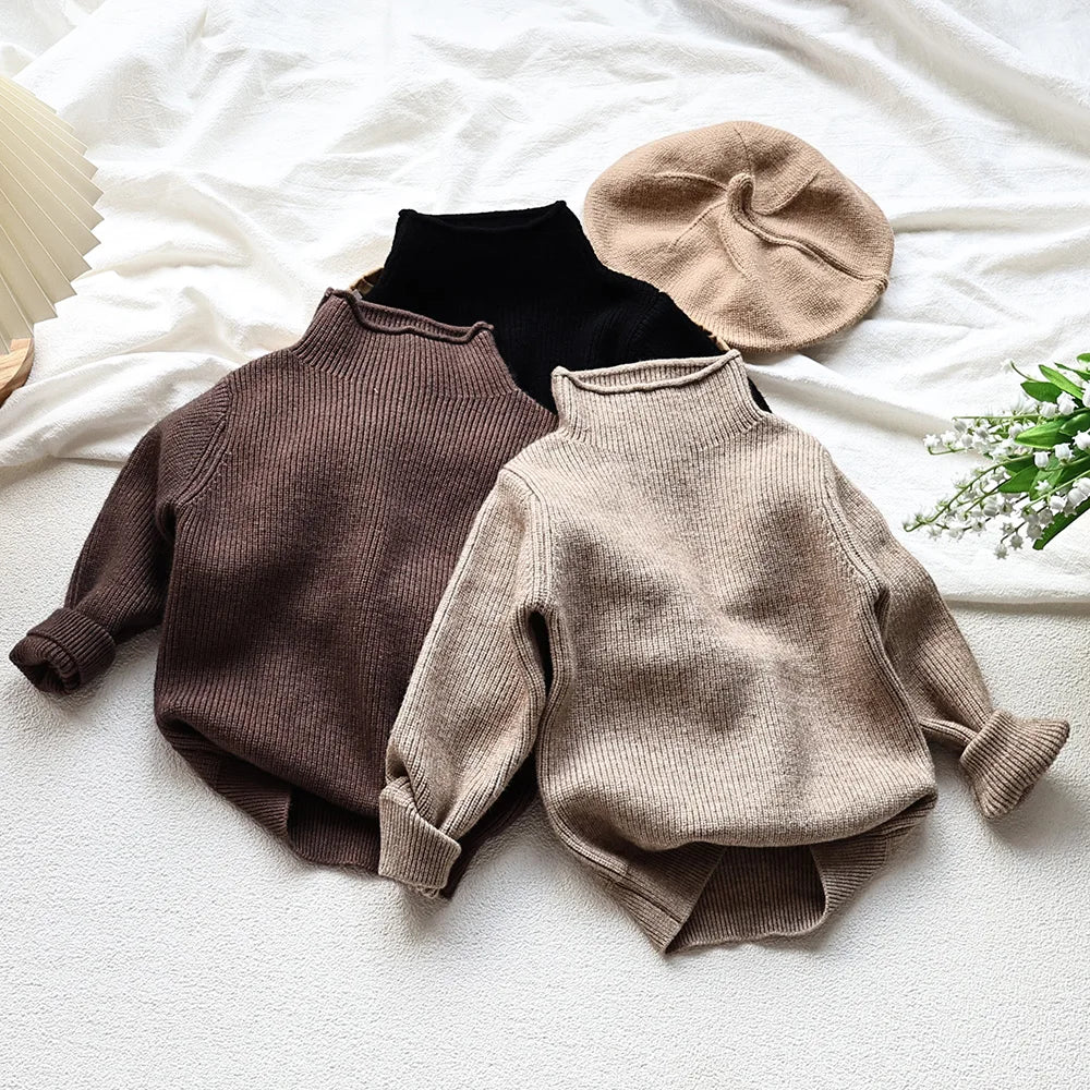 2025 Autumn Winter Comfort Kids Turtleneck Pullover Sweaters Solid Boys Girls Matching Knit Tops Toddler Warm Knitwear Sweaters 1-12Y Unisex