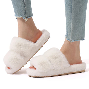 Women's Winter Warm Fluffy Platform Slippers Plush Open Toe Footwear Flat Slides Suitable For Indoor Use Ladies' Shoes