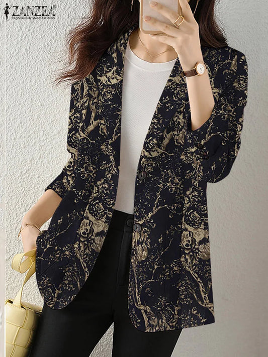 Women Floral Printed Blazer Autumn Elegant OL Jackets Lapel Neck Long Sleeve Thin Outwear Female Vintage Suits Oversized