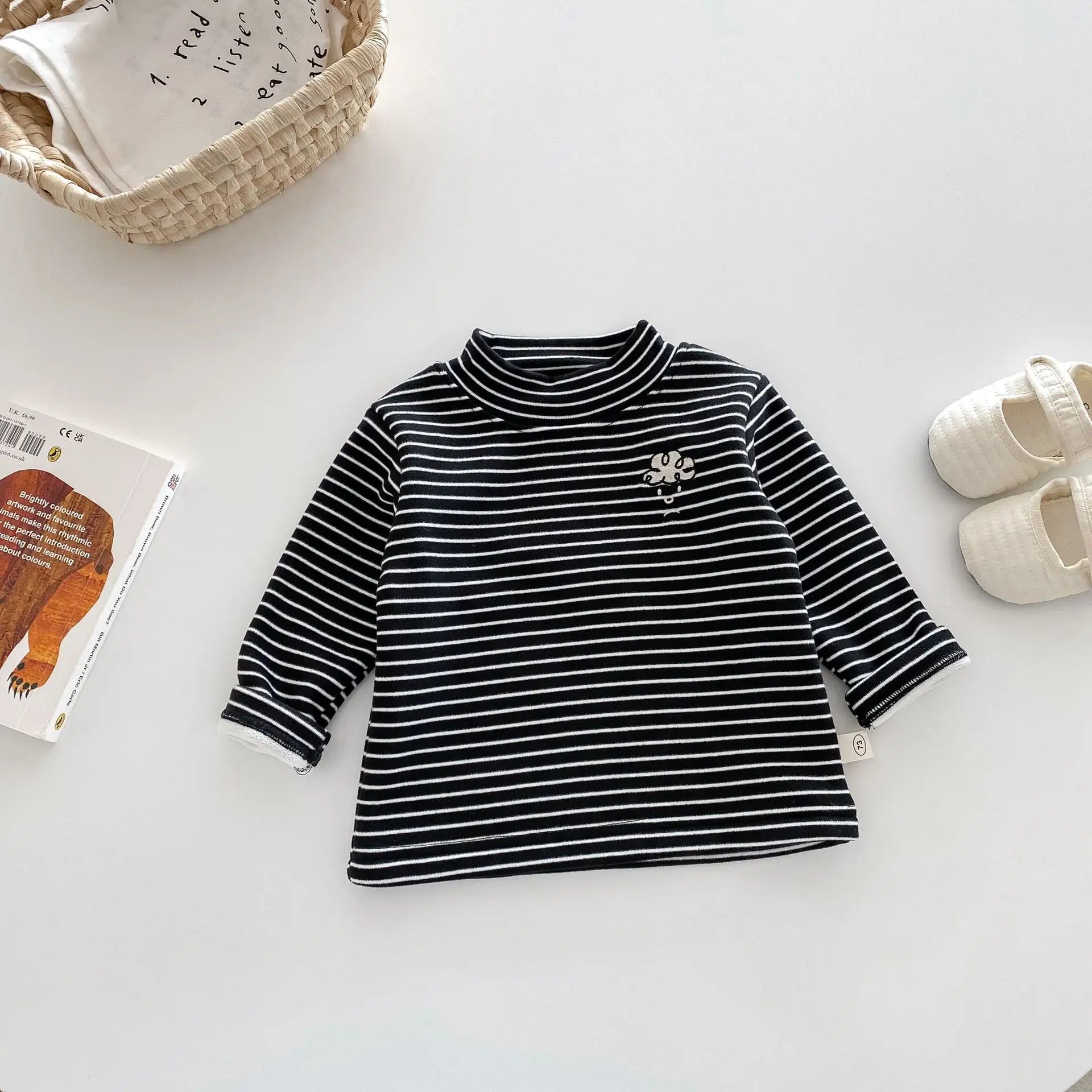 Herfst Kinder Basis Shirt Jongens Halve Turtleneck Warme Onderkant Tops Meisjes Bontvoering Geborduurde Gestreepte Blouse 0-5 Jaar Unisex