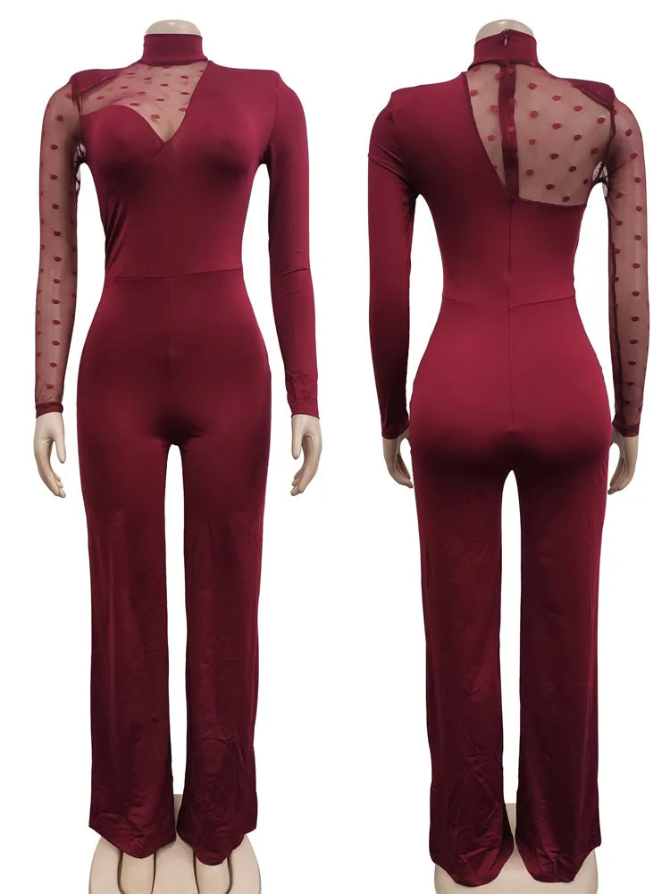 Women Dot Mesh Patchwork Long Sleeve Straight Jumpsuit