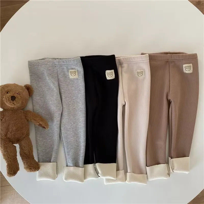New Autumn Kids Leggings Girls Cute Bear Fur Padded Skinny Pants Children Warm Cartoon Elastic Leggings 4-6Y Girls