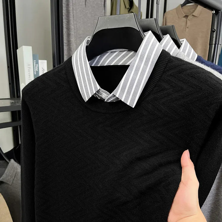Men's Knitted Sweater With Shirt Collar - Vintage Style Fake Layered Business Casual, Pullover Old Money Style Top