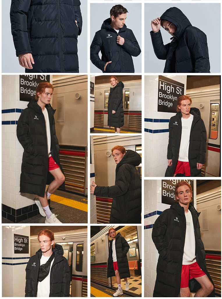 Men's Winter Jacket Long Sports Training Hooded Coat Outwear Warm Silk Cotton Windproof Cotton Clothing