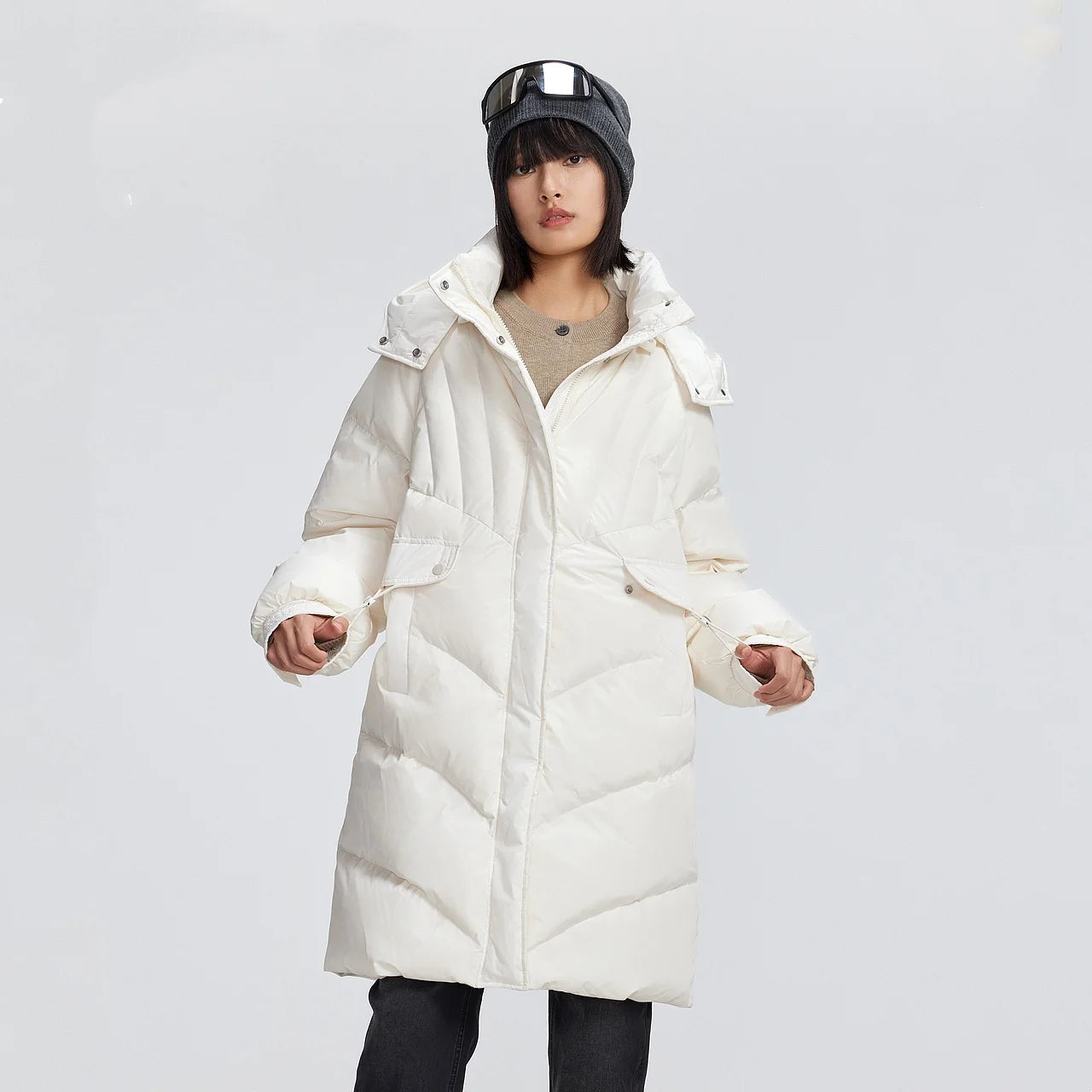 Women's Winter Down Jacket Duck Down Detachable Hood Puffer Coats, Simple Korean Style Mid-Length  Jacket for Ladies
