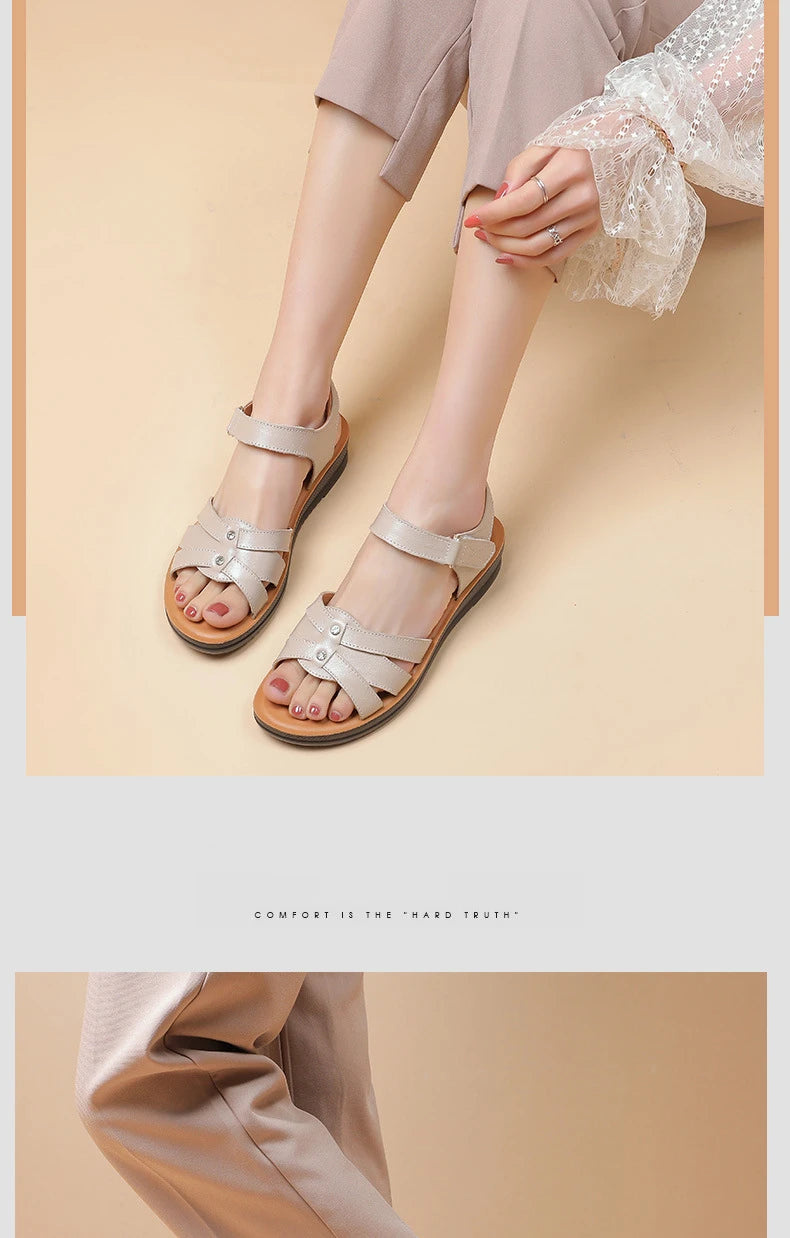Women's Female Ladies Mother Genuine Leather Sandals Platform Shoes Non Slip Summer Cool Beach Hook Loop Plus Size 42 43