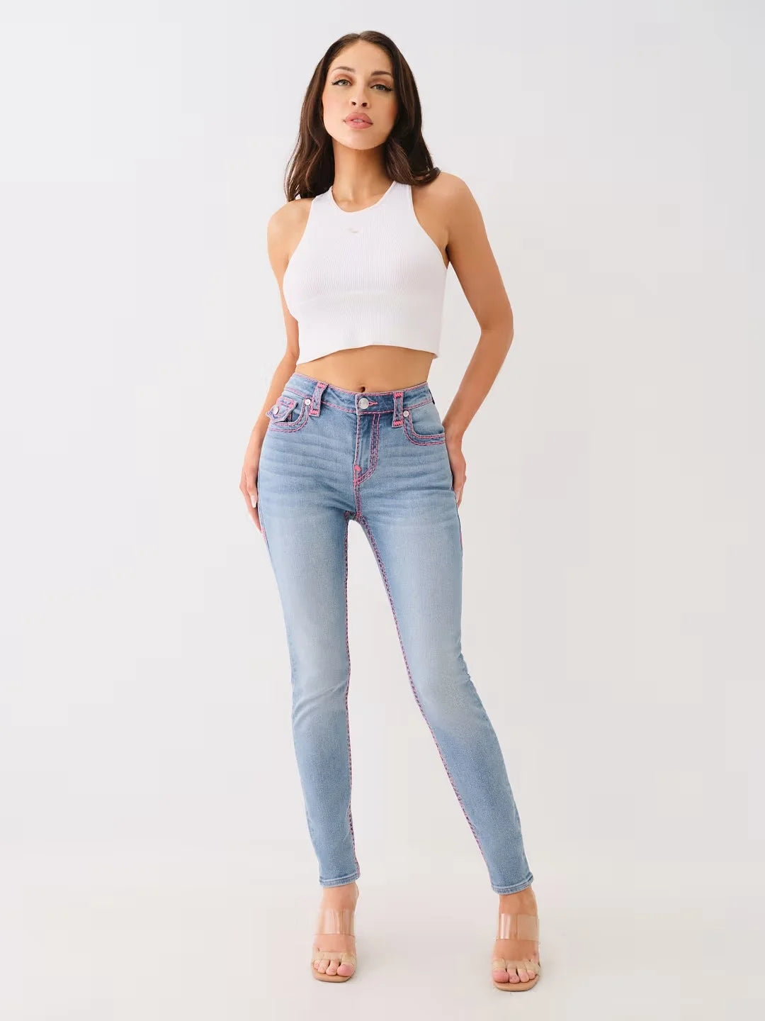 Jennie Mid-Rise Super T Skinny Jeans Women's High-Waisted Embroidered Casual Tight Fit Cotton Blend Washed Pencil Pants