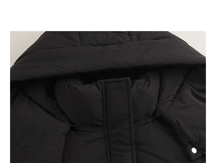Women's Stand Collar Hooded Long Down Jacket, Waist Adjustable Belted Solid Colour, Thick Puffer Coat Fashionable Korean Style For Ladies